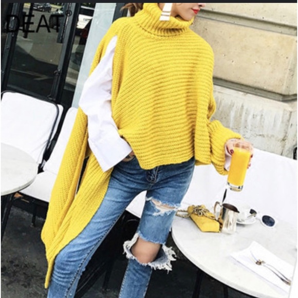 Fashion Pure Color High Neck Irregular Sweater mustard yellow. - Picture 2 of 4